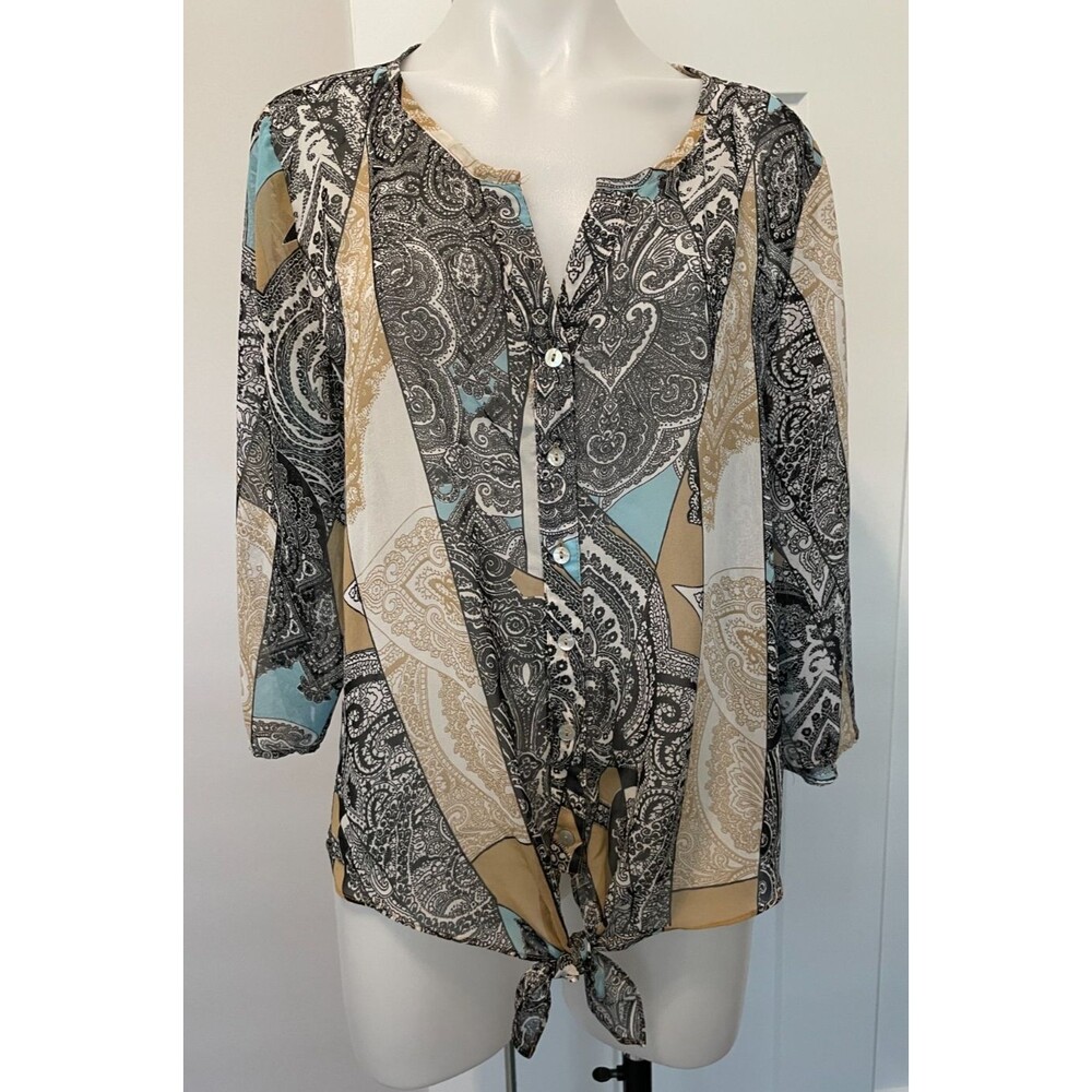 CHICOS  Womens TOP 3/4 Sleeve BLACK Blue Tan Tie Front Size 2 (L/12)